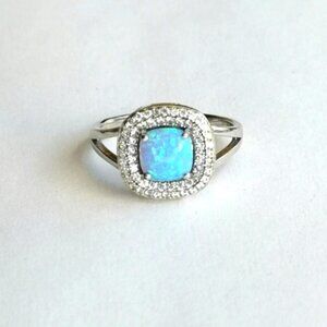 Blue opal CZ pave Halo Sterling silver ring size 8 🆕